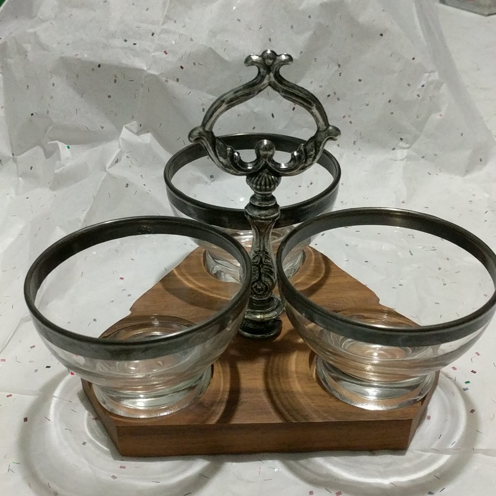 Vintage Silver Rim Glass Wood Condiment Caddy Holder